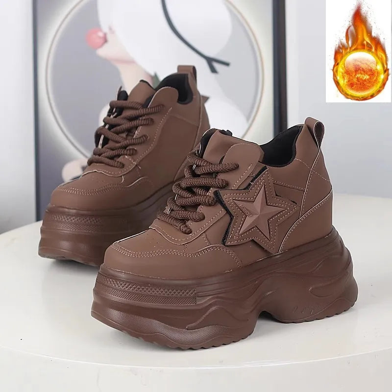 Advbridge 12CM Cow Genuine Leather Winter Boots Autumn Fashion Platform Chimney Ankle Booties Moccasins Women Chunky Sneakers Shoes