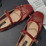 ADVBRIDGE  -  Leather Mesh Patchwork Designer Mary Jane Shoes Woman Elegant Red Bow Square Toe Ballet Flats Comfortable Breathable Flat Shoes