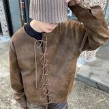 Advbridge Vintage Heavy Weight PU Leather Jacket For Men Spring And Autumn Double Breasted Drawstring Long Sleeve Tops Outdoor Loose Coat