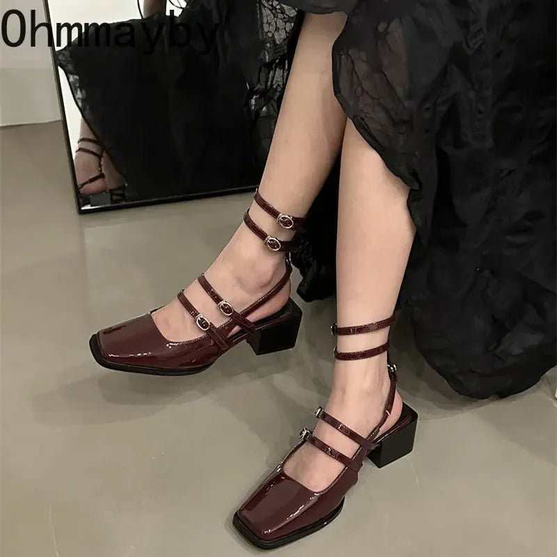 Advbridge Summer Design Women Sandal Fashion Narrow Band Dress Square Heel Shoes Ladies Outdoor Patent Leather Mary Jane Shoes