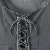 Advbridge Retro French Gray V Low Chest Bodycoon Corset style Mini Dress Women Cross Lacing up Back Short Sleeve A-line Party Robe Summer