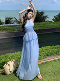 Advbridge Elegant Blue Skirt Suits Korean Halter Off Shoulder Slim Waist Top + Loose Casual Skirt Womens Two Pieces Set Female Clothing