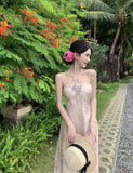 ADVBRIDGE  -  French Style Fairy Dress Women Pink Print Sweet Vintage Chiffon Vestidos Apricot 3D Flower Hang Neck Sexy Elegant Vacation Dress