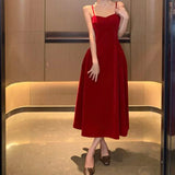 ADVBRIDGE  -  Vintage Velvet Spaghetti Strap Dress Women Elegant Party Sexy Slim Skirt French Autumn Winter High Waist Bottom Dress
