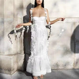 Advbridge  France Runway Summer White Flowers Long Dress Luxury Women Sexy Spaghetti Strap 3D Appliques Chest Pad Mermaid Party Vestidos