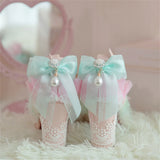 Advbridge Japanese Sweet Style Lolita Shoes Wedding Girls Cosplay Tea Party Elegant Pearls Ribbon Bowknot Lace Flower 8cm High Heel Shoes