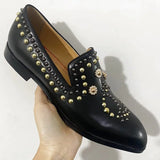 Advbridge Black Genuine Leather Shoes Men Luxury Beaded Rivets Loafers Slip On Flats Dress Shoes Men's Party And Wedding Shoes
