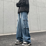 ADVBRIDGE  -  Fashion Big Pocket Men's Cargo Jeans Korean Streetwear Classic Blue Black Denim Trousers Elastic Waist Male Wide Leg Pants