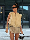 Advbridge Padded Beige Waistcoat Folds Winter Sleeveless Vest Coat Turtleneck Pockets Zipper Autumn Thick Warm Parka Jacket