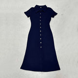 ADVBRIDGE  -  2025 Sexy Polo Neck Knitted Single Breasted Short Sleeve Bodycon Contrasting Maxi Dresses Women's Casual Stylish Streetwear