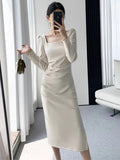 Advbridge Elegant Long Sleeve Midi Dresses for Women Square Collar Slim Waist Bodycon Split Dress Autumn New Solid Office Lady Vestidos