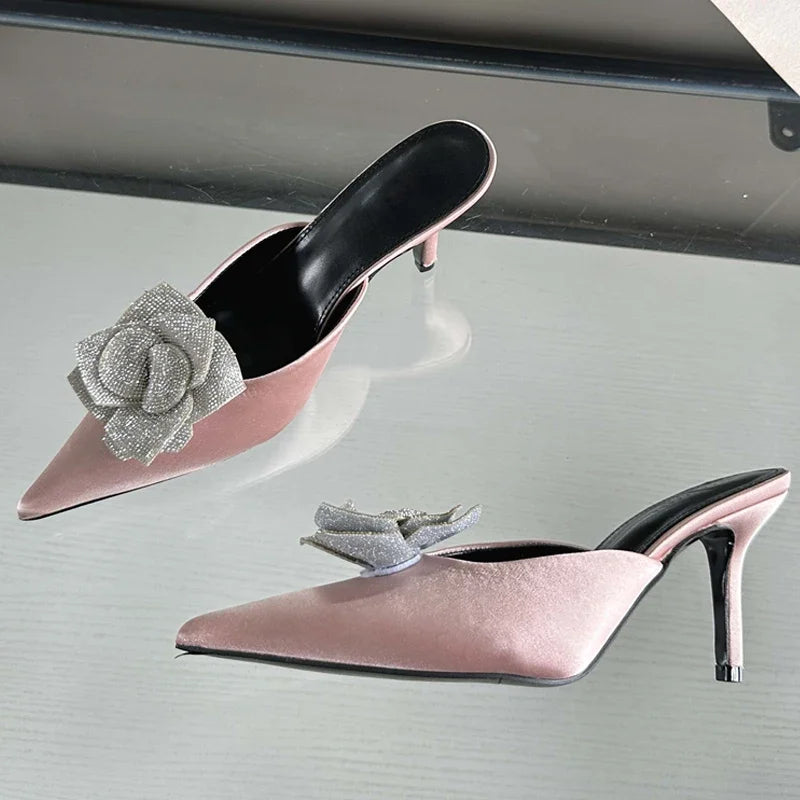 ADVBRIDGE  -  Designer CRYSTAL Flower Silk Pointed Toe Women Slippers Fashion Thin Heels Party Dress Ladies Mule Shoes