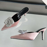 ADVBRIDGE  -  Designer CRYSTAL Flower Silk Pointed Toe Women Slippers Fashion Thin Heels Party Dress Ladies Mule Shoes