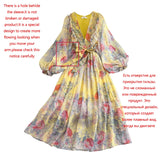 Advbridge Elegant Bandage Chiffon Wrap Beach Dress Long Sleeve Yellow Floral Pleated Maxi Dress Boho Sexy Summer Long Dresses Women 2024