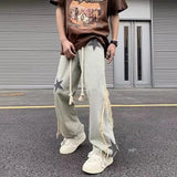 Advbridge High Street Design Star Patch Denim Jeans for Men American Vibe Trendy Brand Street Bombing Washed and Worn Wide Leg Pants For