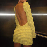 ADVBRIDGE  -  Autumn Yellow Sexy Open Back Popcorn Texture Short Dress Skinny High Waist Hipster Mini Dress Women Elegant Club Streetwear