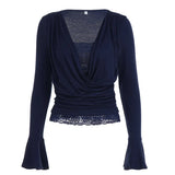 ADVBRIDGE  -  Temperament French High Street Sexy Deep V Neck Long Sleeve Shirt Fashion Cross Pleated Design Lazy Fake 2 Piece Y2k Elegant Top