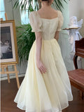 Advbridge Women Elegant Puff Sleeve Summer Midi Dress Lady Square Collar Solid High Waist Fairy Party Dress Korean Holiday One Piece Dress