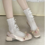 Advbridge Medium Heeled Mary Jane Single Shoes 2024 New Women Shoes Fashion Elegant Flower Bow Pumps Square Toe Thick Heeled Ballet Shoes