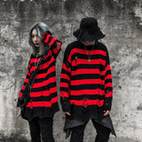 Advbridge High Street Retro Punk Red and Black Stripes Autumn Sweater Men Loose Ripped Hole Tassel Pullover Round Neck Casual Clothes