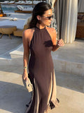 ADVBRIDGE  -  Elegant Patchwork Halter Long Dresses Women Vintage Backless Slim Fit Slit Evening Dress Female 2025 Spring Chic Street Party