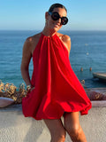 Advbridge Women Fashion Red Halter Mini Dress Sexy Round Neck Sleeveless Backless A-line Dresses 2024 New Summer Lady Beach Holiday Robes