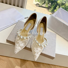 Advbridge Lace Pearl Heels Women High Heels Shallow Mouth Pointed Toe High Heels Luxury New Single Shoes Women Pumps Wedding