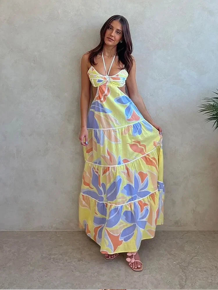 Advbridge New Vacation Floral Printed Cut Out Women Sling Dress Hollow Out Sleeveless Lace Up Dropped Waist Lady Robes 2025 Beachwear