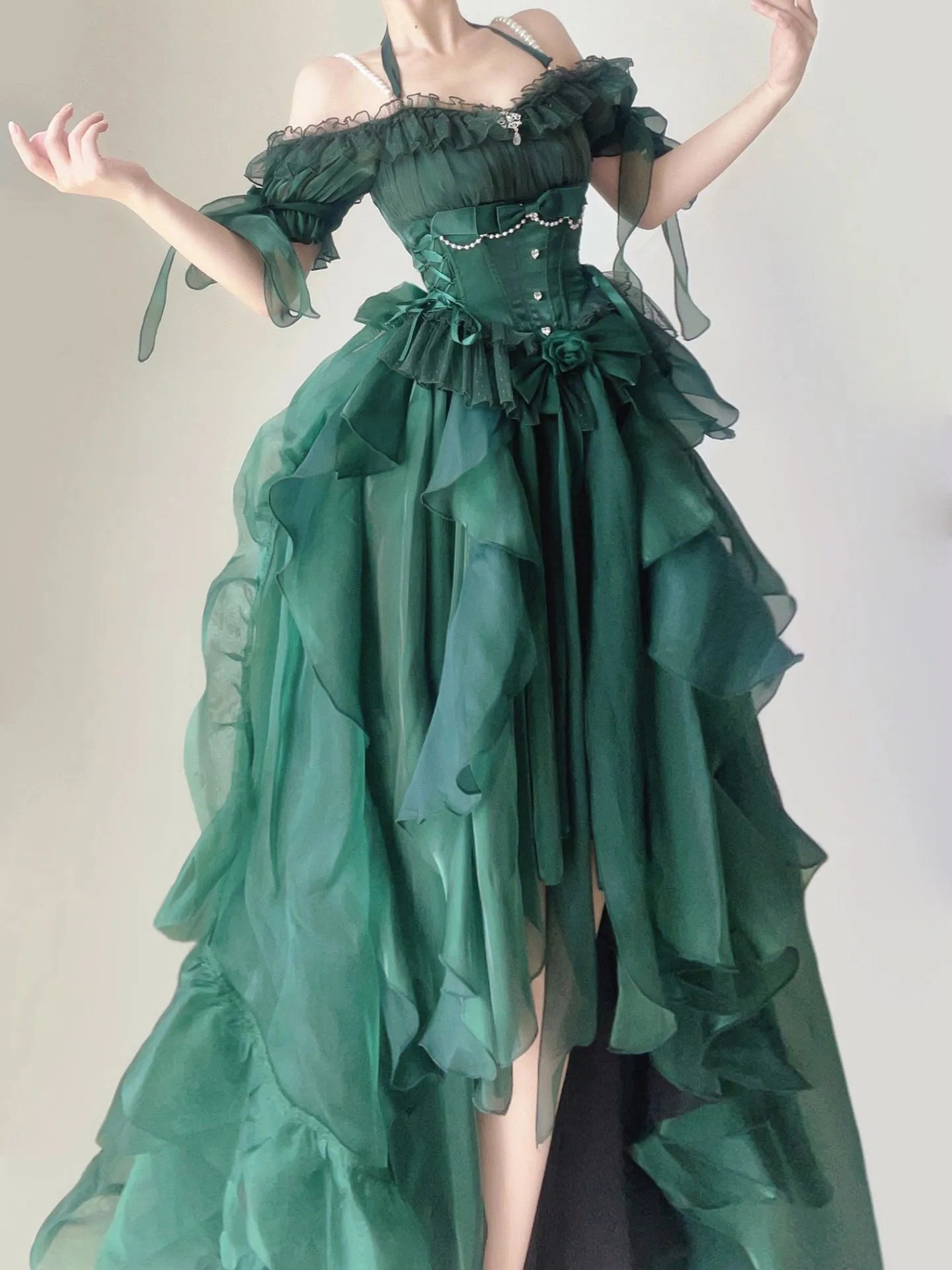 Advbridge  Green Flower Wedding Dress Cos Op Dress Lolita Heavy Industry Trail Puffy Princess Dress Lolita Cosplay Passionate Dress Set