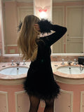 Advbridge 2024 Chic Black Spliced Feathers Women's Mini Dress Elegant Round Collar Long Sleeve Slim Dresses Ladies Fashion Party Prom Gown