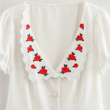 ADVBRIDGE  -  Single Breasted White Elegant V Neck Slim Button Women Min Wave Dress Petal Sleeve Dress Summer Skinny Flower Embroidery French