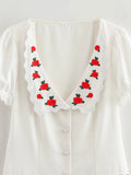 ADVBRIDGE  -  Single Breasted White Elegant V Neck Slim Button Women Min Wave Dress Petal Sleeve Dress Summer Skinny Flower Embroidery French