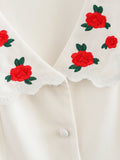 ADVBRIDGE  -  Single Breasted White Elegant V Neck Slim Button Women Min Wave Dress Petal Sleeve Dress Summer Skinny Flower Embroidery French