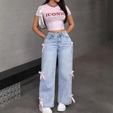 Advbridge Women Bowknot Jeans Pants Y2k Loose Straight Blue Baggy Aesthetic Washed Jeans Female 2025 Spring Fashion Lady Denim Trousers