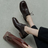 Advbridge Spring Women Loafers Cow Leather Flats Round Toe Square Heel Women Shoes Casual Lace-up Low Heel Pumps Women Oxford Shoes