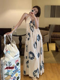Advbridge French Niche Design Dresses V-neck Print Sexy Backless Holiday Dress Vestidos Loose Slimming Temperament Long Skirt