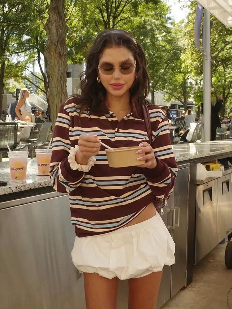 Advbridge  Burgundy Striped Casual Women T-shirt Summer Loose Polo Shirts Buttons New Female Tops Blouse White Tops Spring Shirt