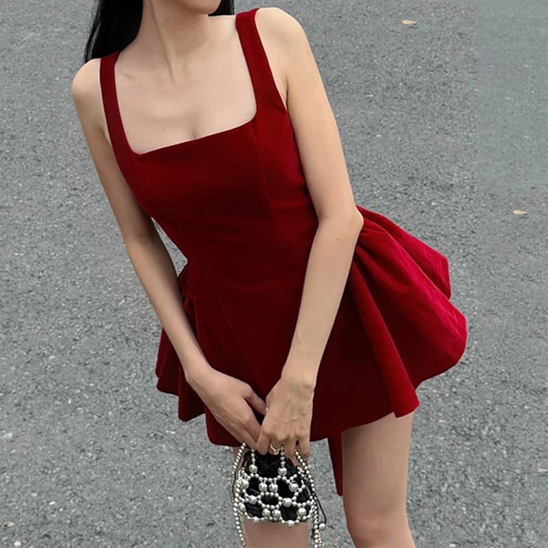 Advbridge V Line Big Bow Backless Red Short Dress Square Collar Elegant Women Sleeveless Mini Dresses Summer A-line Dress Cute