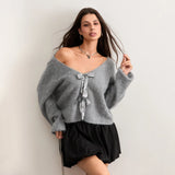 Advbridge Women's Y2K Cute Fall Glitter Sequined Bow Tied Front Loose Fit Sweater Long Sleeve V-Neck Cropped Knitwear Cardigans