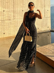 ADVBRIDGE  -  Retro Polk Dot Long Dress With Ribbon Women Sexy Low Cut Sleeveless Pleated Slim Evening Dresses Female Spring Chic Street Party