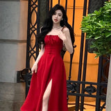 Advbridge French Elegant White Strap Midi Dress Summer New Casual Evening Party Dress Women Beach Sleeveless Lace-up Red Dress Korean