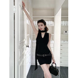 ADVBRIDGE  -  Summer Dresses for Women's Black Sexy Knitted Vestidos V-neck Casual Lace-up Sleeveless Chic Slim Elegant Hip Dress
