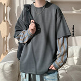 Advbridg  M-XXXXXL Plus Size Men's Fake Two-Piece Crew Neck Sweatshirt - Oversized Fit Trendy Layered Look Striped Long Sleeve Clothing