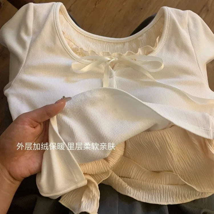 Advbridge Wooden Lace-up Fake Two Pieces T-Shirts Long Sleeve Female Ropa De Mujer Slim Tees Base Shirt Korean Fashion Y2k Tops