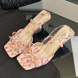 ADVBRIDGE  -  Blue Polka Dot Bow High Heel Sandals Women Fashion Square Toe Back Strap Buckle Brand Designer Shoes Sexy Open-toe Dress Shoes