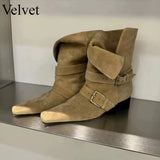 ADVBRIDGE  -  Short Boots Women Autumn/winter Genuine Leather Suede Square Toe Womens Shoes Two in One Foldable Thick Heel Midsole Boots Woman