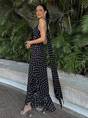 ADVBRIDGE  -  Retro Polk Dot Long Dress With Ribbon Women Sexy Low Cut Sleeveless Pleated Slim Evening Dresses Female Spring Chic Street Party