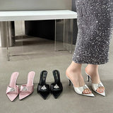 ADVBRIDGE  -  Fashion Satin Rhinestone Slippers Women Sexy Open Toe Thin High Heel Slide Sandals Summer Pointed Toe Elegant Heels Party Shoes