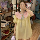 Advbridge Peter Pan Collar Puff Sleeve Dresses Women Summer Sweet Color Collision A-line Loose Preppy Style Bow Lace-up Short Dress Female