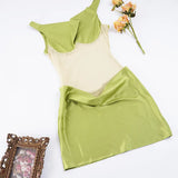 ADVBRIDGE  -  Elegant Light Green Satin One-Shoulder Sheer Mesh Bodycon Mini Dress Women Sexy See Through Ruched Slim Summer Party Dress